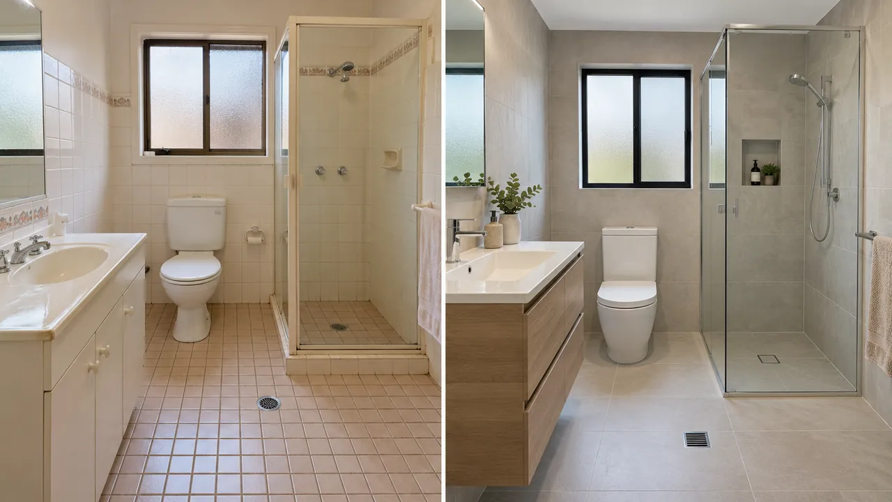 Side-by-side view of an older bathroom and a refreshed bathroom