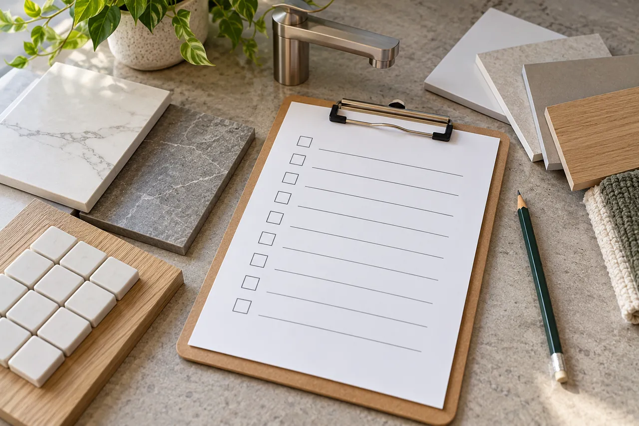 Blank checklist on a clipboard beside tile samples and material swatches
