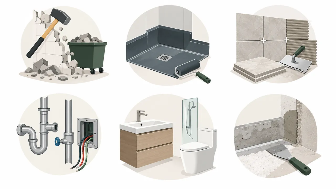 Illustrations of demolition, waterproofing, tiling, plumbing, fixtures and substrate repair