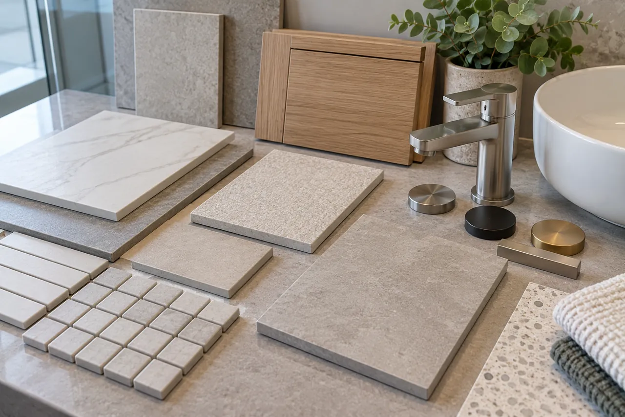 Bathroom tile and fixture samples arranged for renovation planning