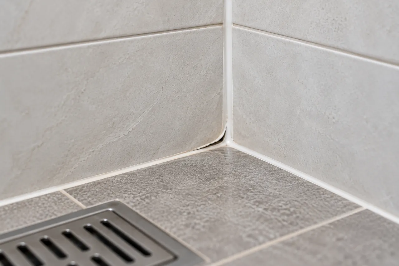 Gap in the silicone joint at the corner of a tiled shower floor beside a drain