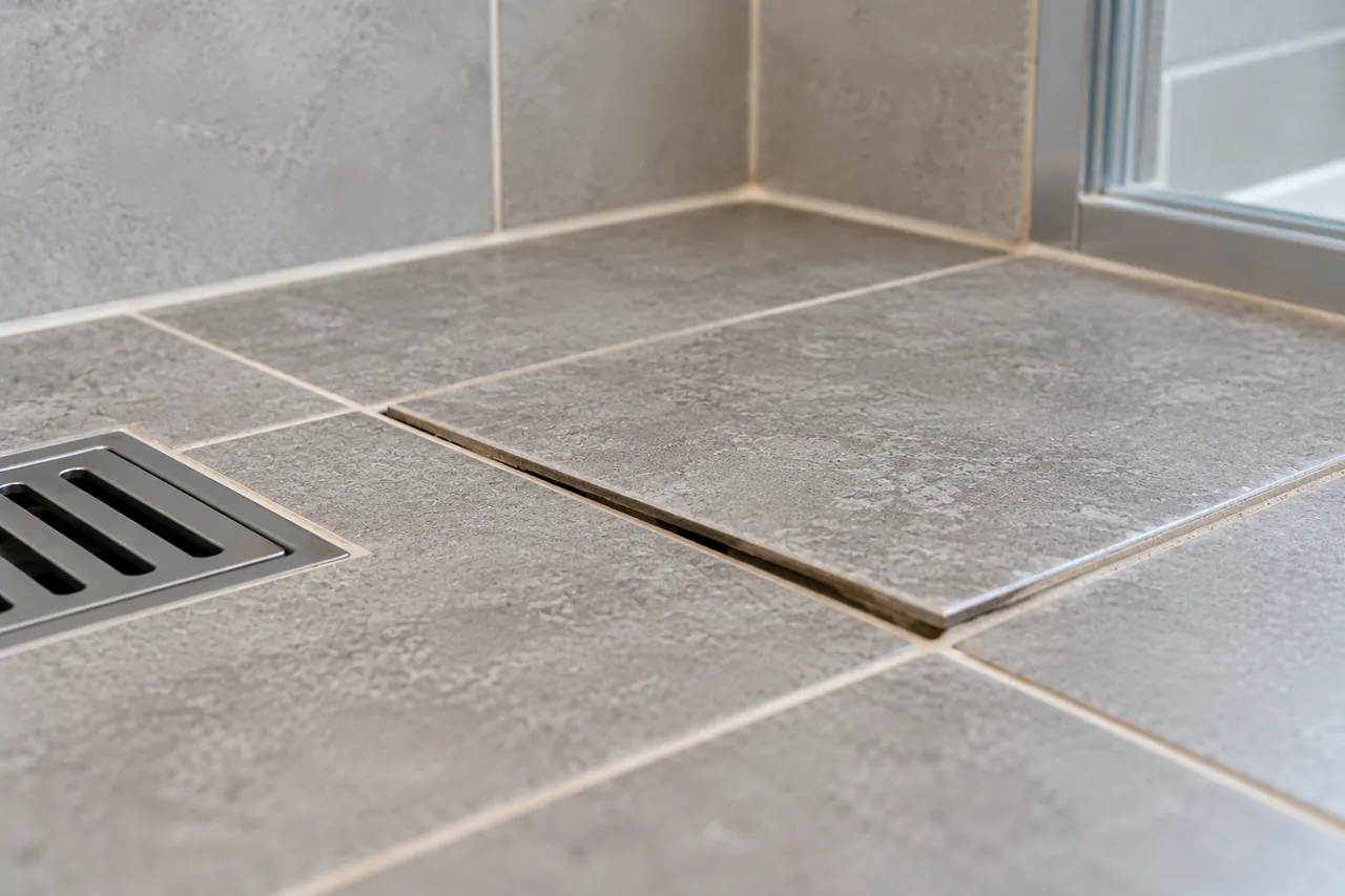 An uneven tile edge on a tiled shower surface