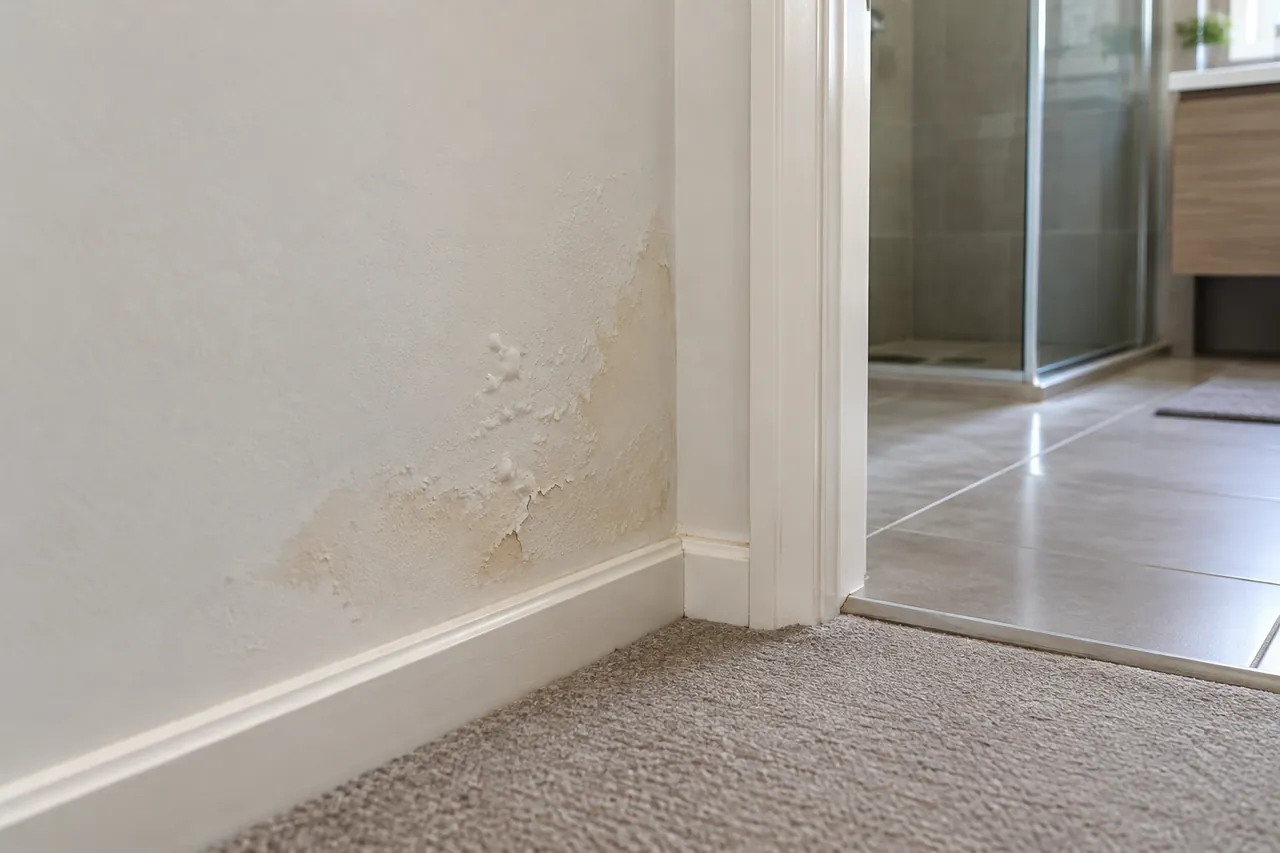 Bubbling paint on a wall beside a bathroom doorway