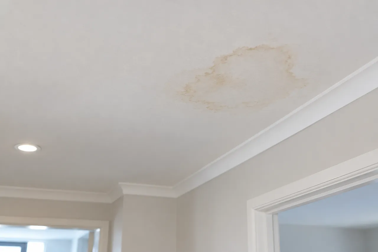 Water stain on a painted ceiling below a bathroom