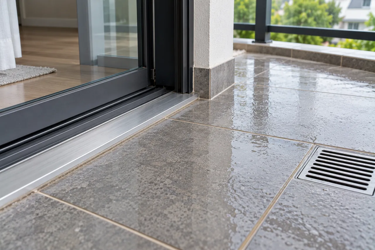 Balcony door threshold beside an outdoor tiled floor