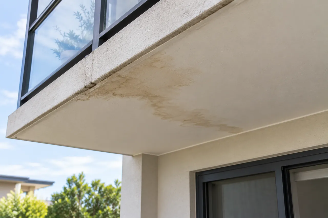 Water staining on the underside of a concrete balcony