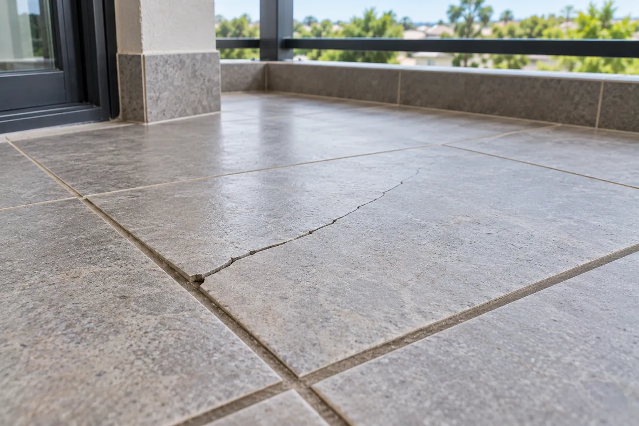 Cracked tile on an outdoor balcony surface