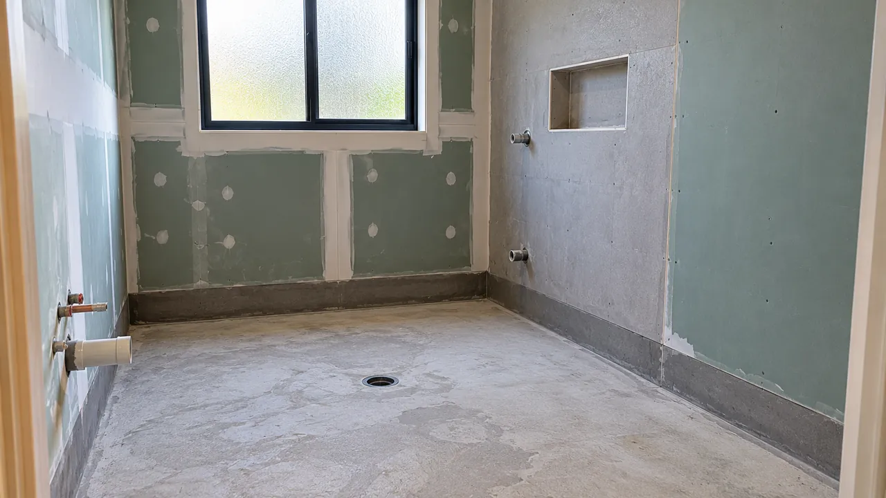 Stripped bathroom with prepared floor and wall surfaces before waterproofing