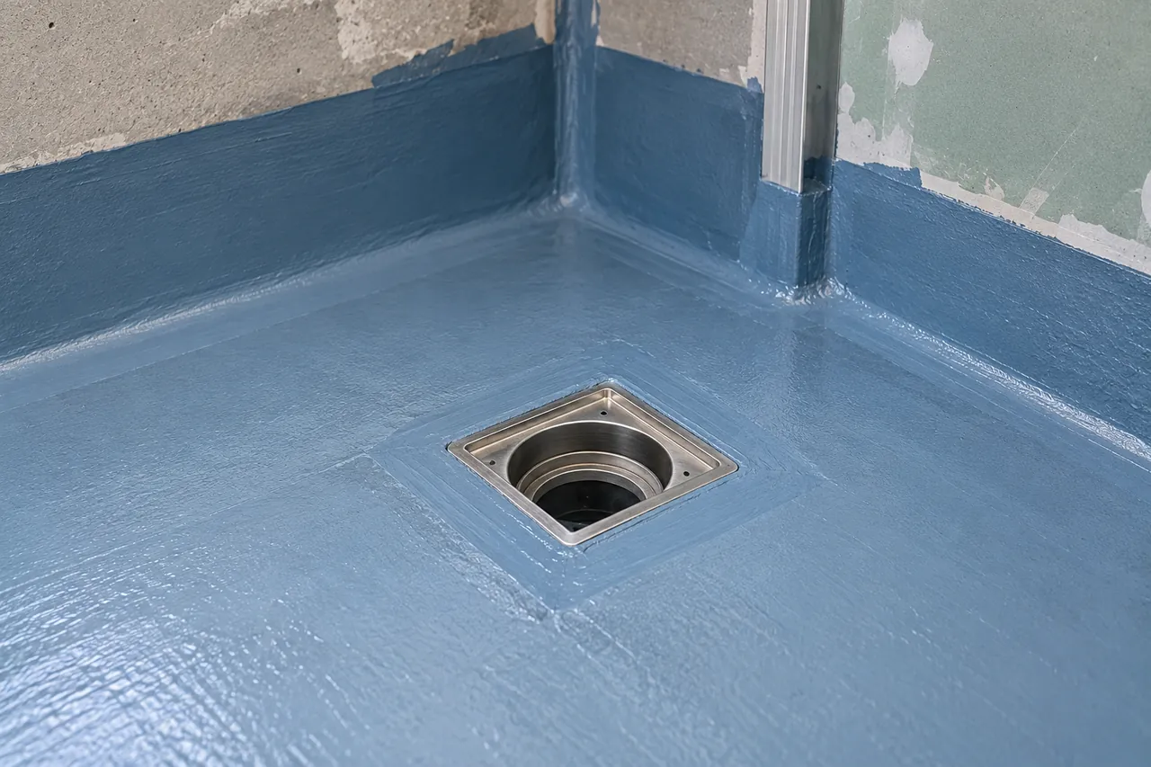Waterproofing detail around a bathroom floor waste