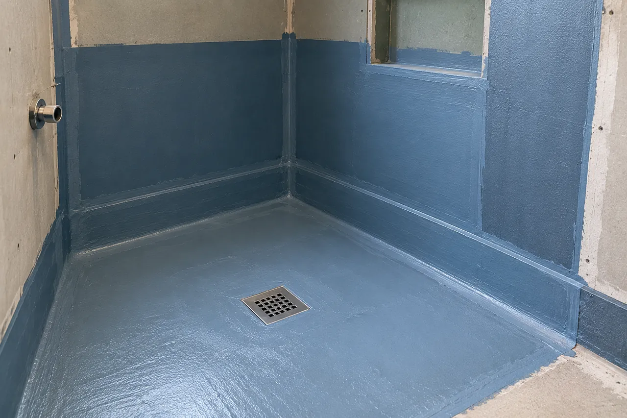 Waterproofing membrane applied at a shower floor and wall junction