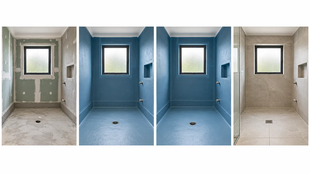 Four stages of a shower: prepared surfaces, membrane applied, membrane ready for checks, and finished tiles