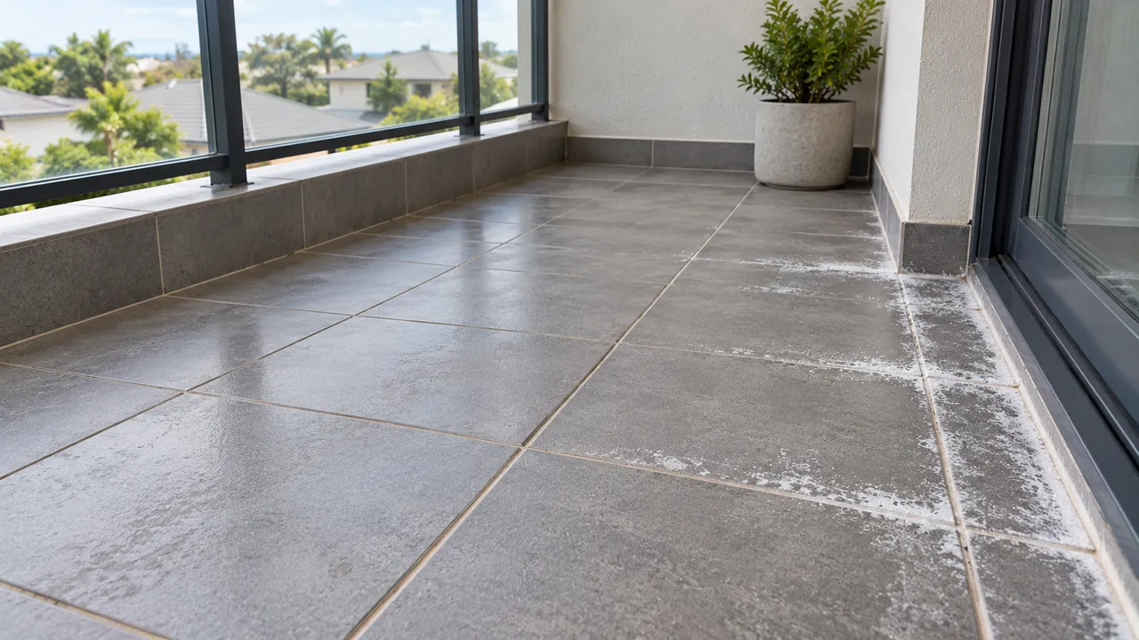 Localised white deposits along grout lines on a tiled balcony