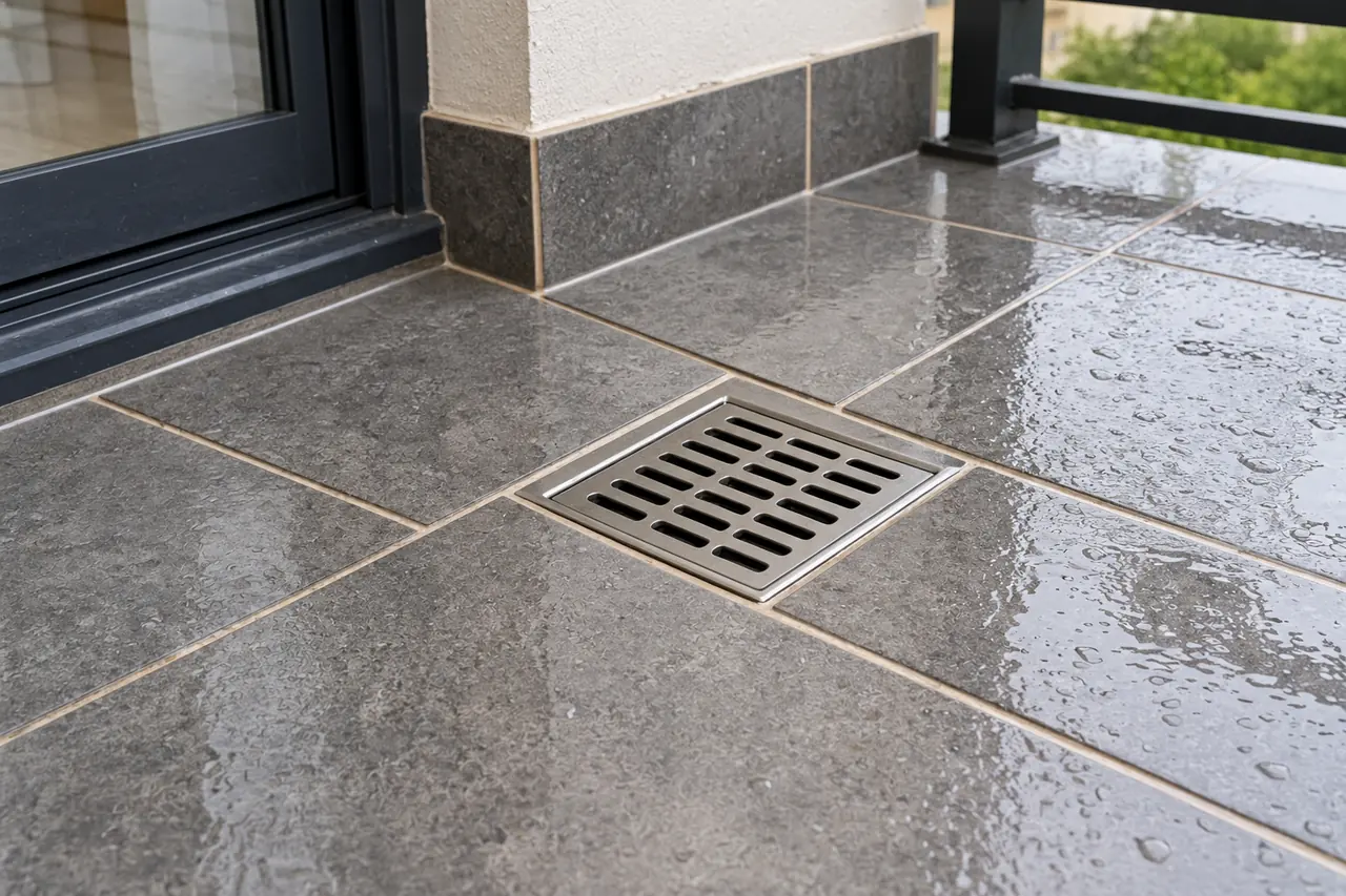 Wet tiled balcony floor with a square drainage outlet beside a sliding door