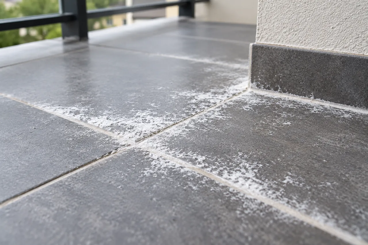 White chalky residue along grout lines on outdoor balcony tiles