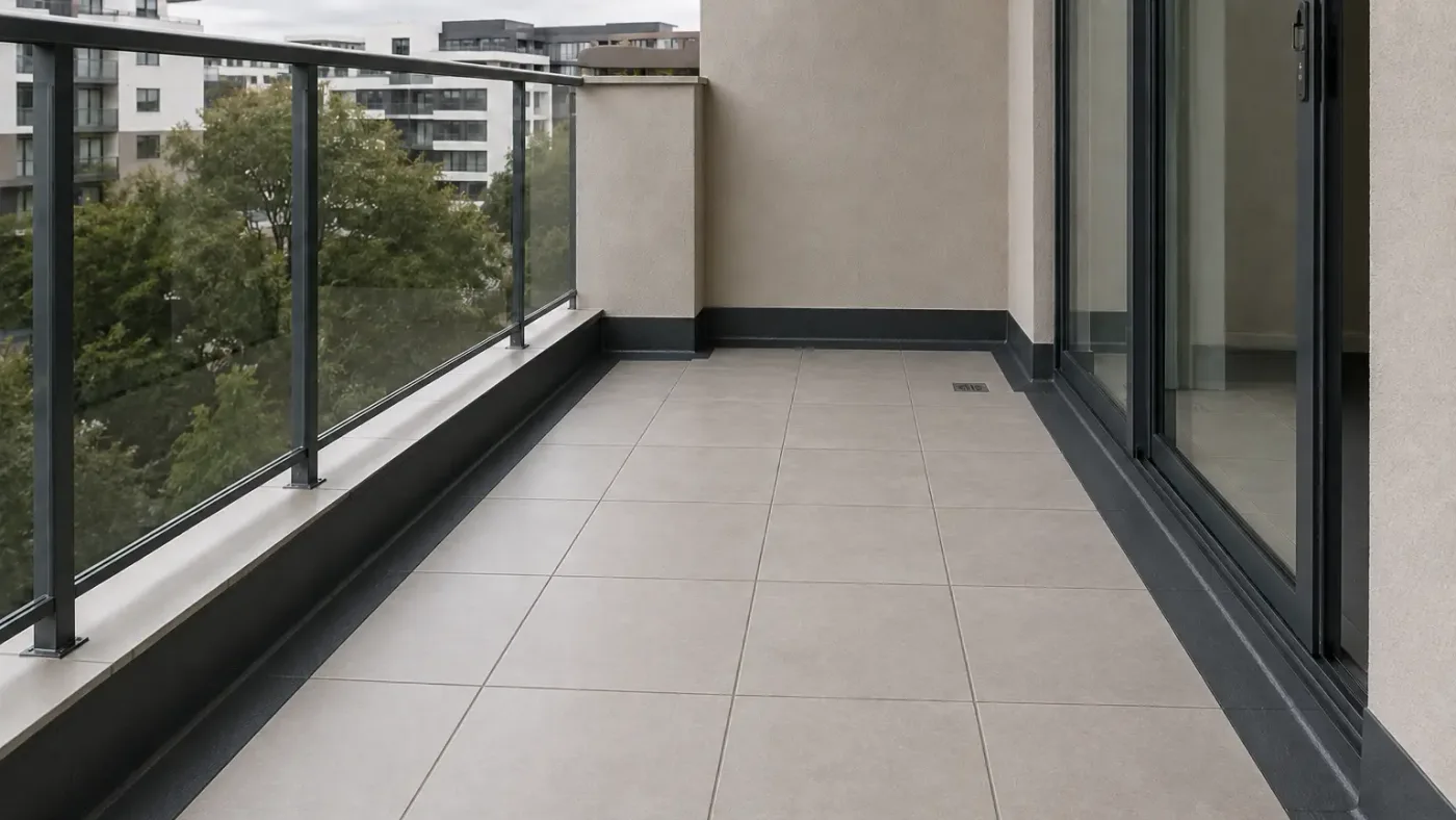 Finished, tiled balcony over a waterproofed membrane