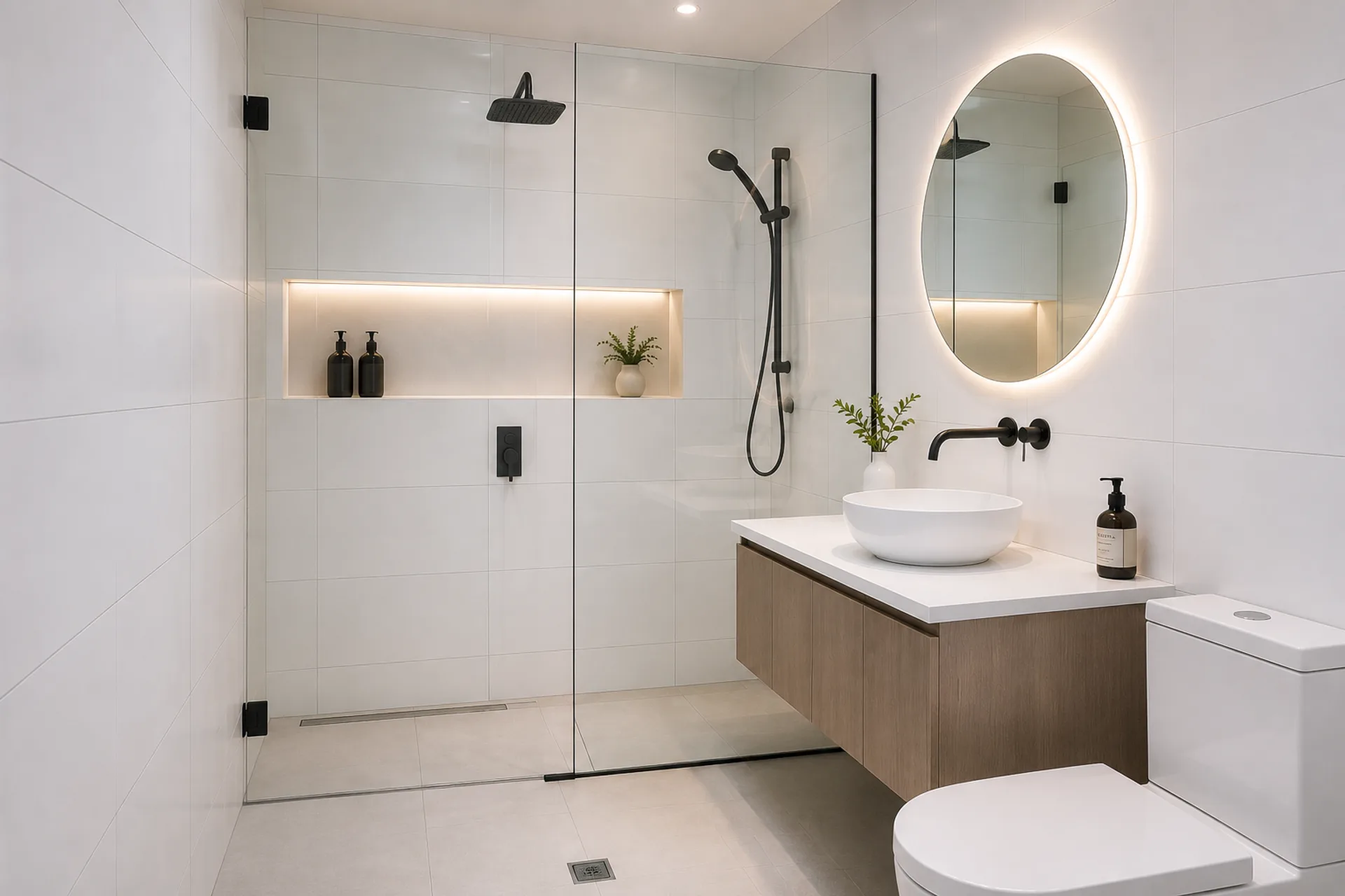 Renovated bathroom with walk-in shower, floating vanity and backlit mirror