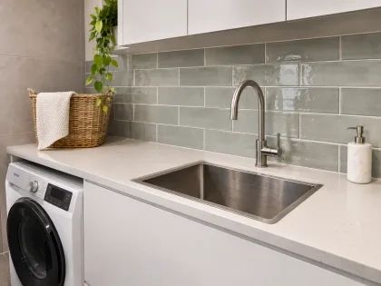 Close-up of subway tile edge and joint