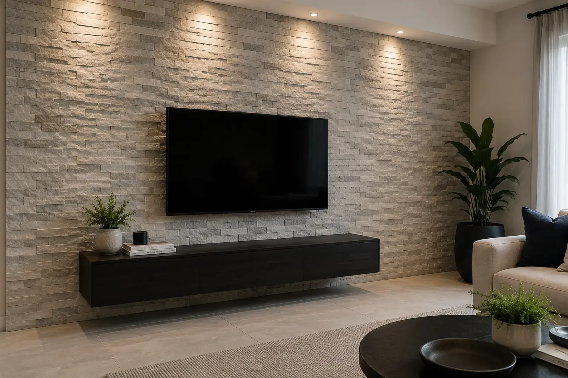 Feature wall tiling installation, wide shot