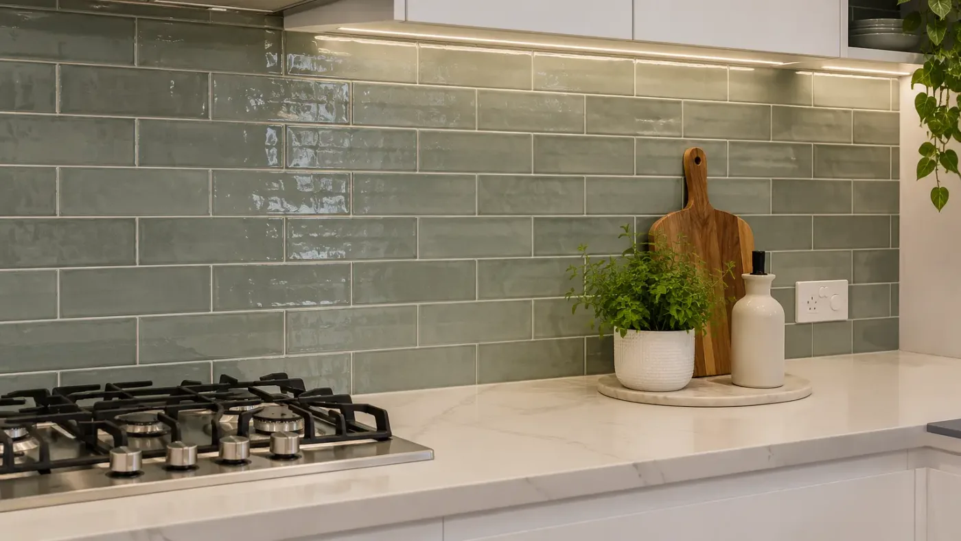 Completed stacked-stone feature wall, wide shot
