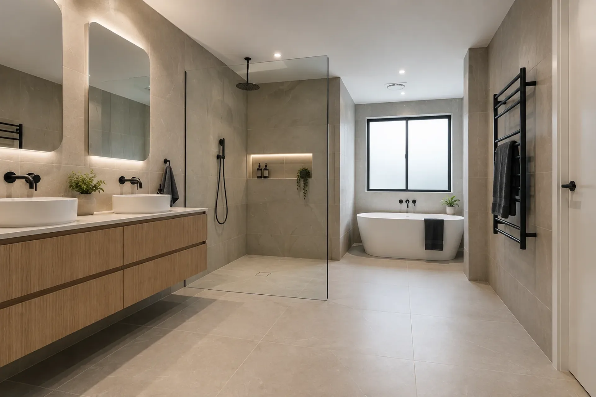Large-format floor tiling installation, wide shot