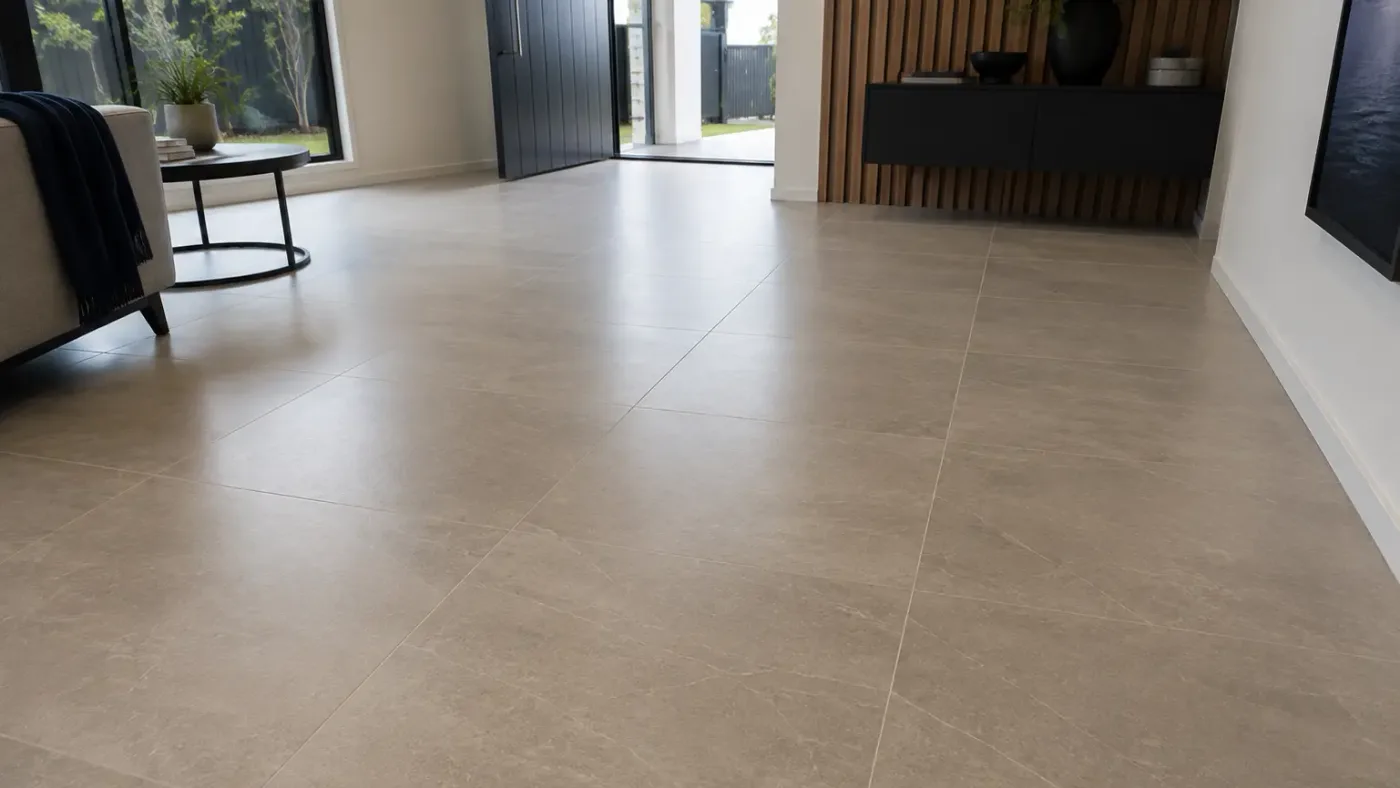Completed large-format floor tiling, wide shot