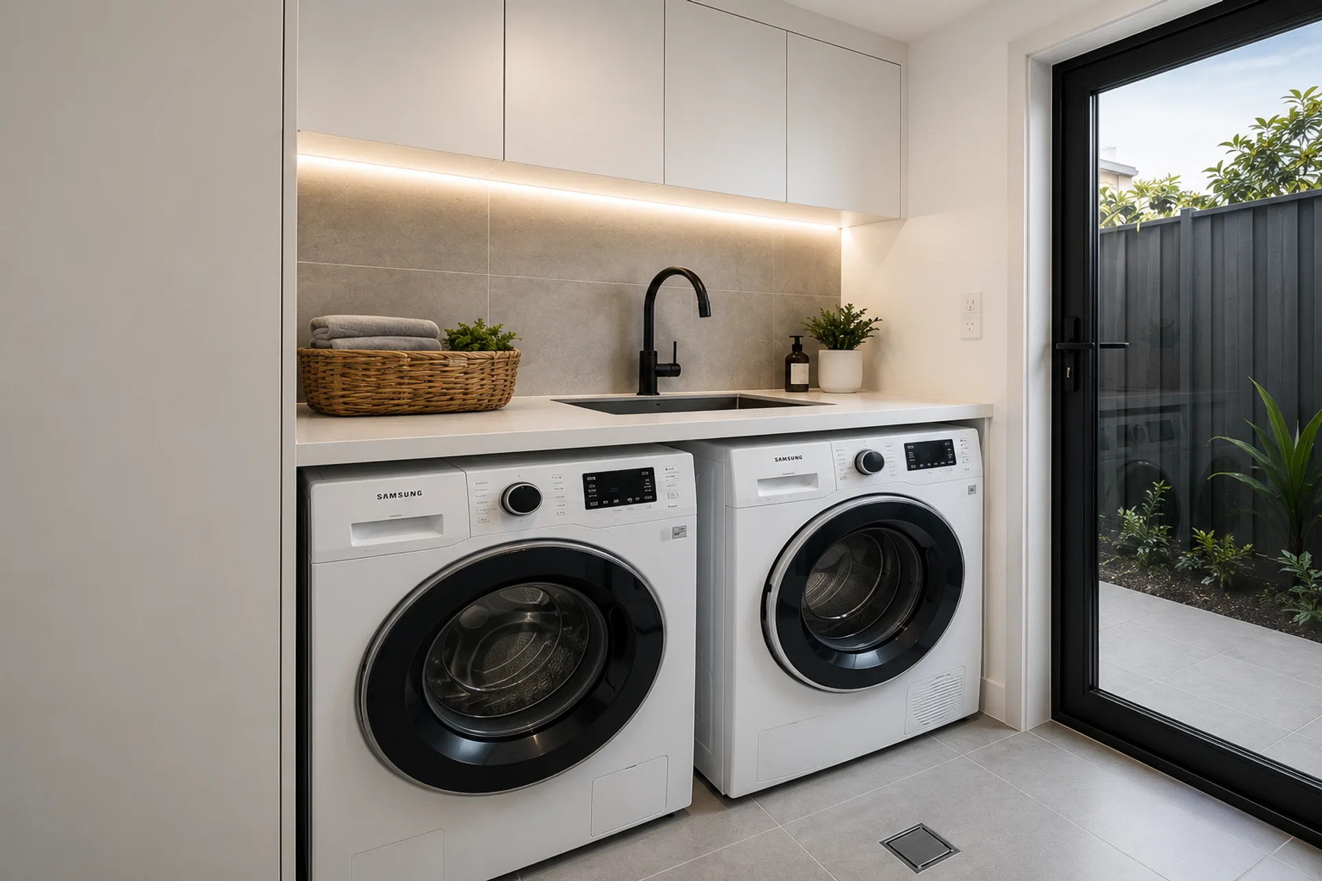 Renovated laundry with built-in cabinetry, sink and matching front-load washer and dryer