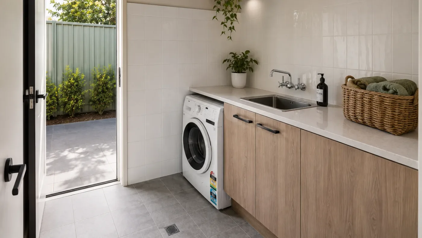 Completed laundry renovation, wide shot