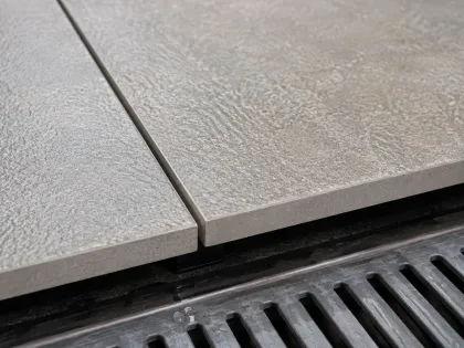 Close-up of a slip-rated external tile edge