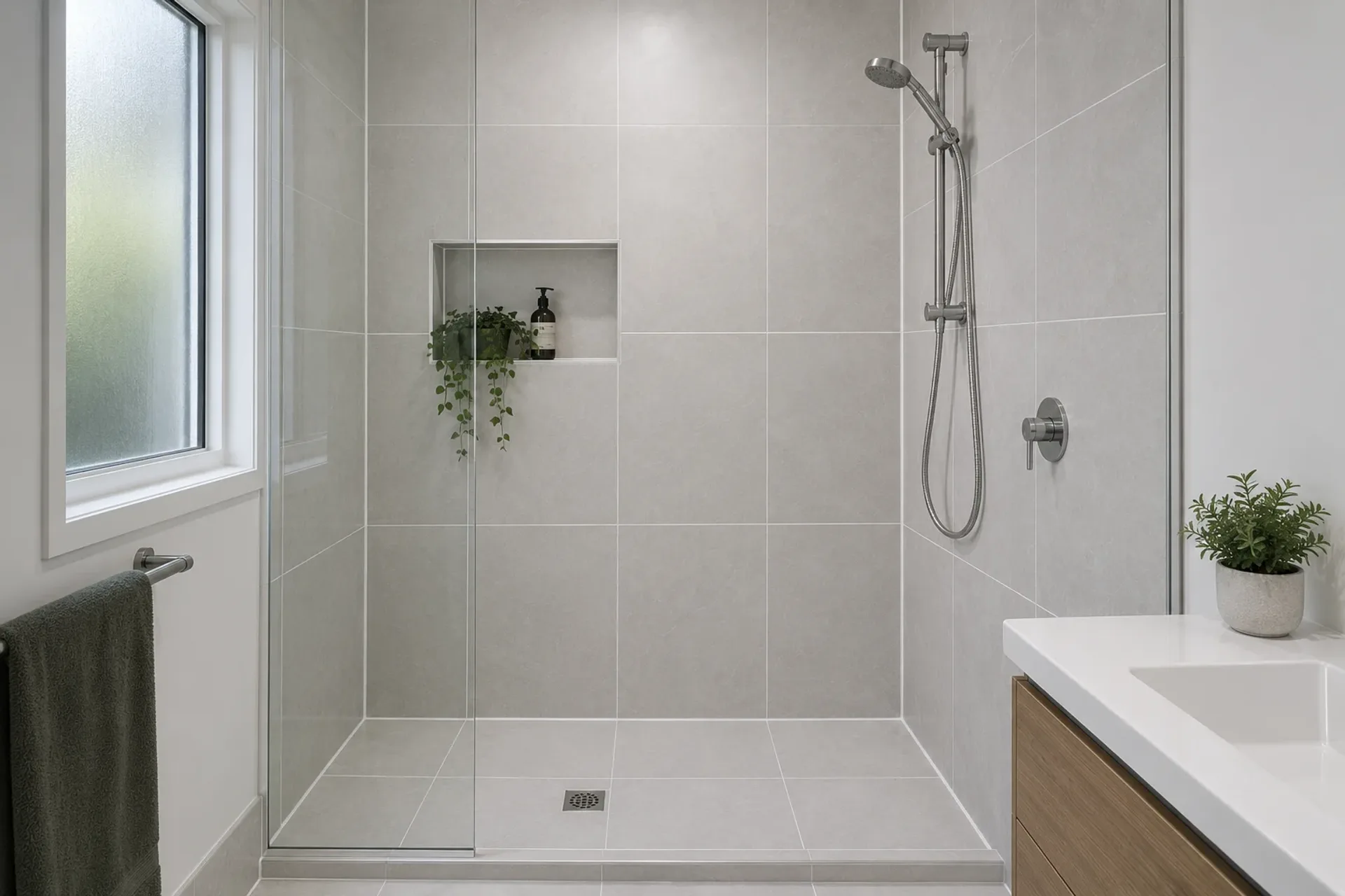 Fresh grout lines in a bathroom, wide shot