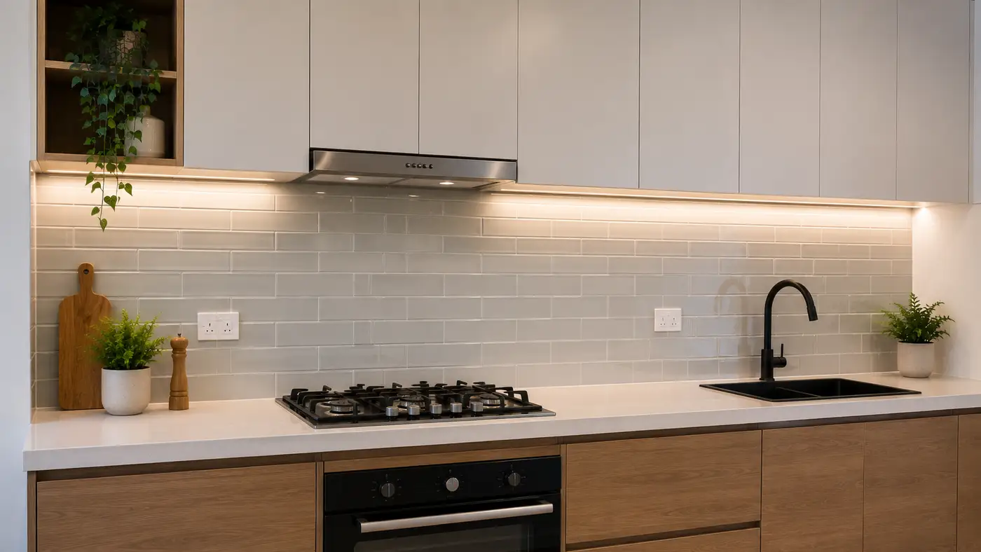 Completed kitchen splashback, wide shot