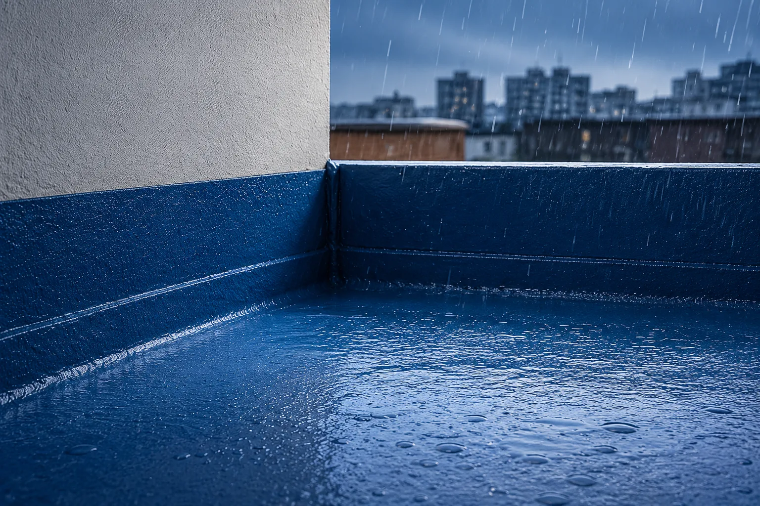 Waterproofed rooftop terrace corner in the rain